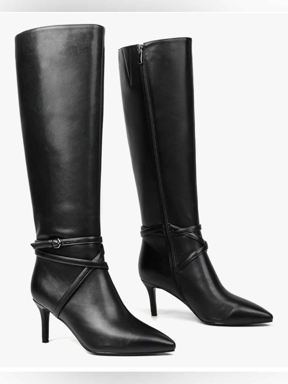 Feetquake Women's Black Faux-Leather Knee-High Pointed-Toe Boots